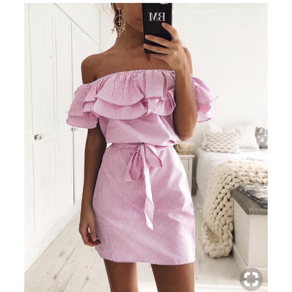 SOLD Baby pink stripe off the shoulder top - Picture 1 of 2